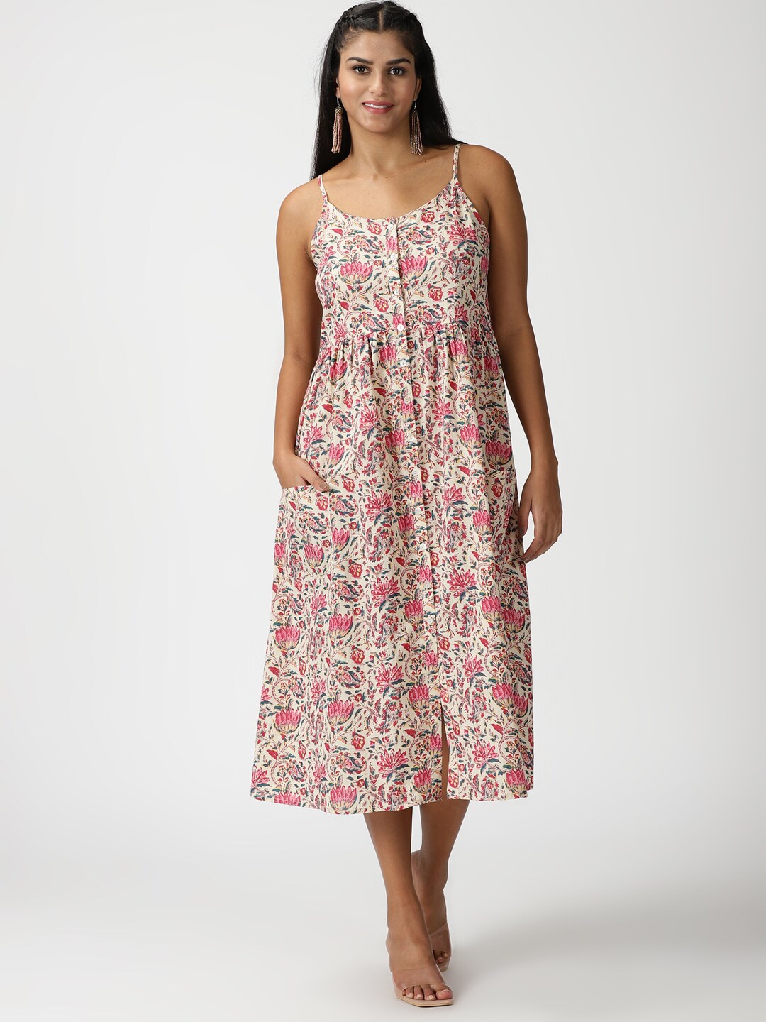 

Saffron Threads Floral Pure Cotton Strappy A-Line Midi Dress, Cream