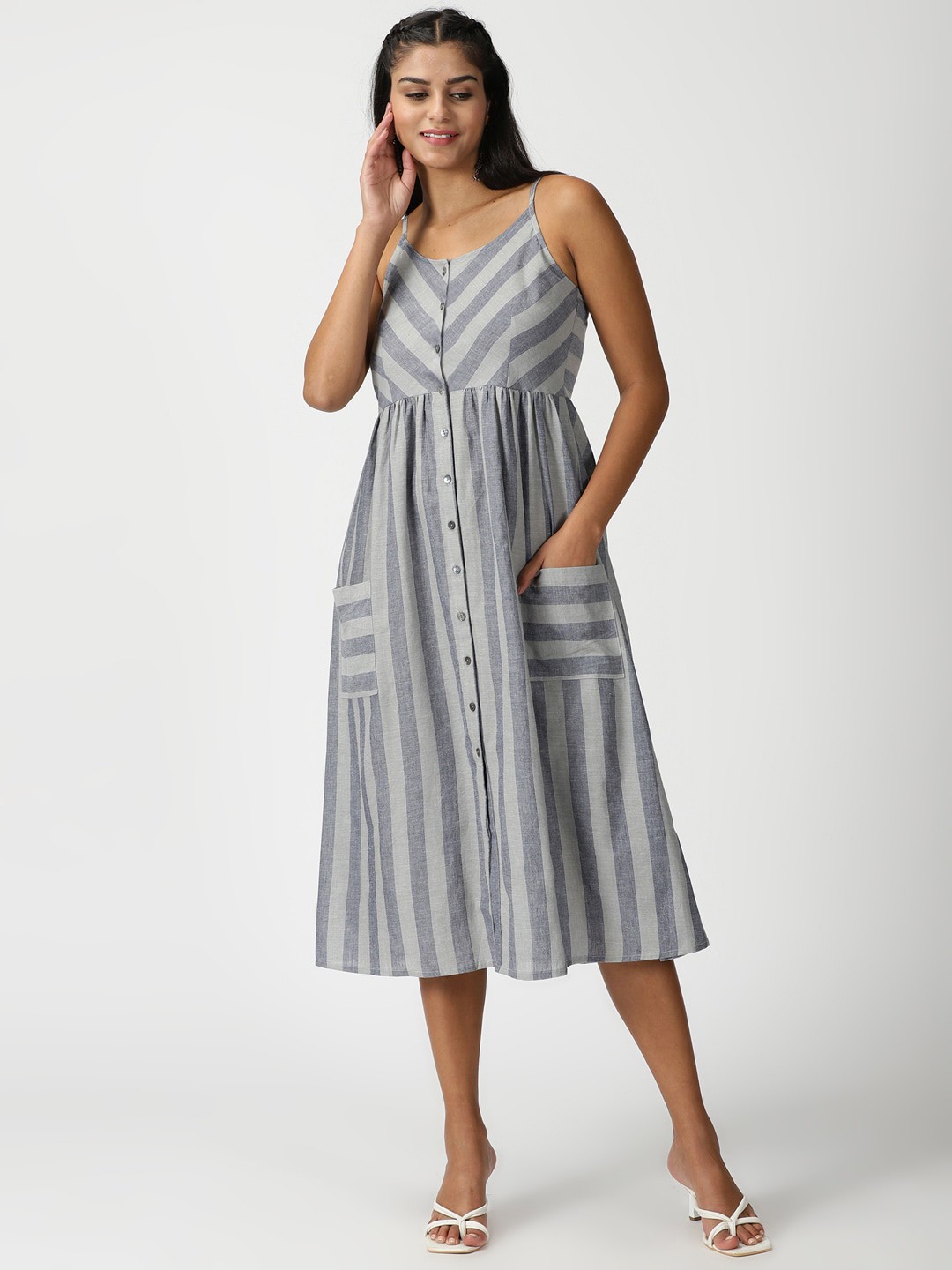 

Saffron Threads Striped A-Line Midi Pure Cotton Dress, Grey
