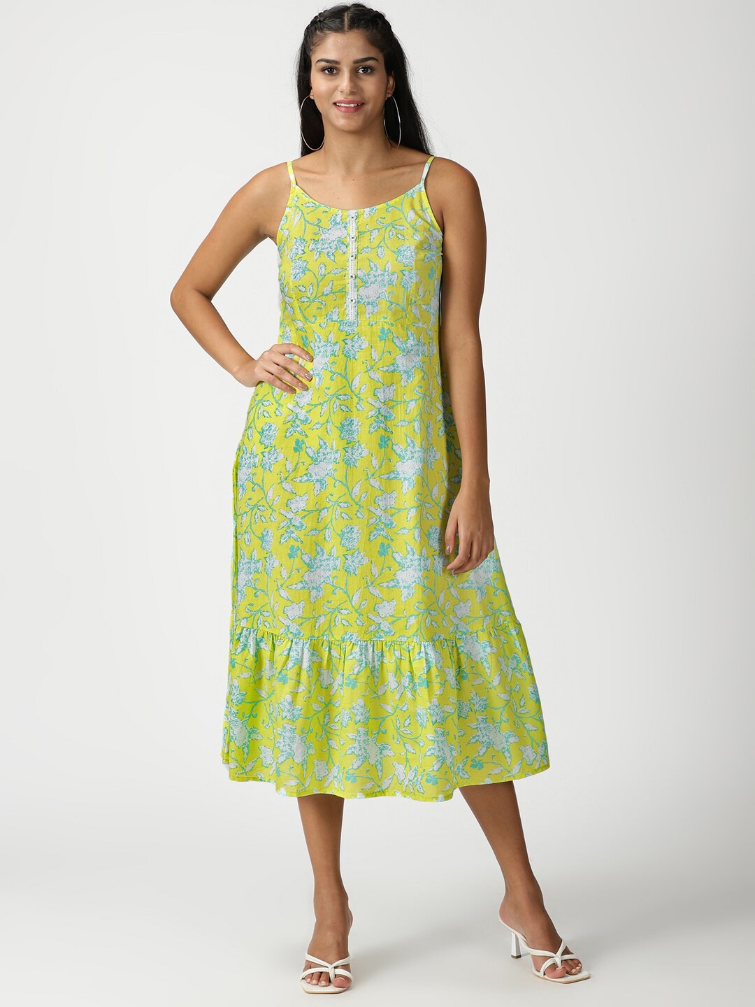 

Saffron Threads Floral A-Line Midi Pure Cotton Dress, Lime green