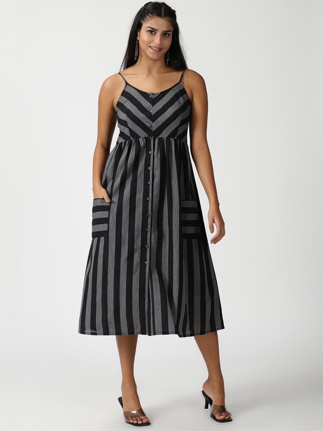 

Saffron Threads Black Striped Cotton Strappy Midi Dress