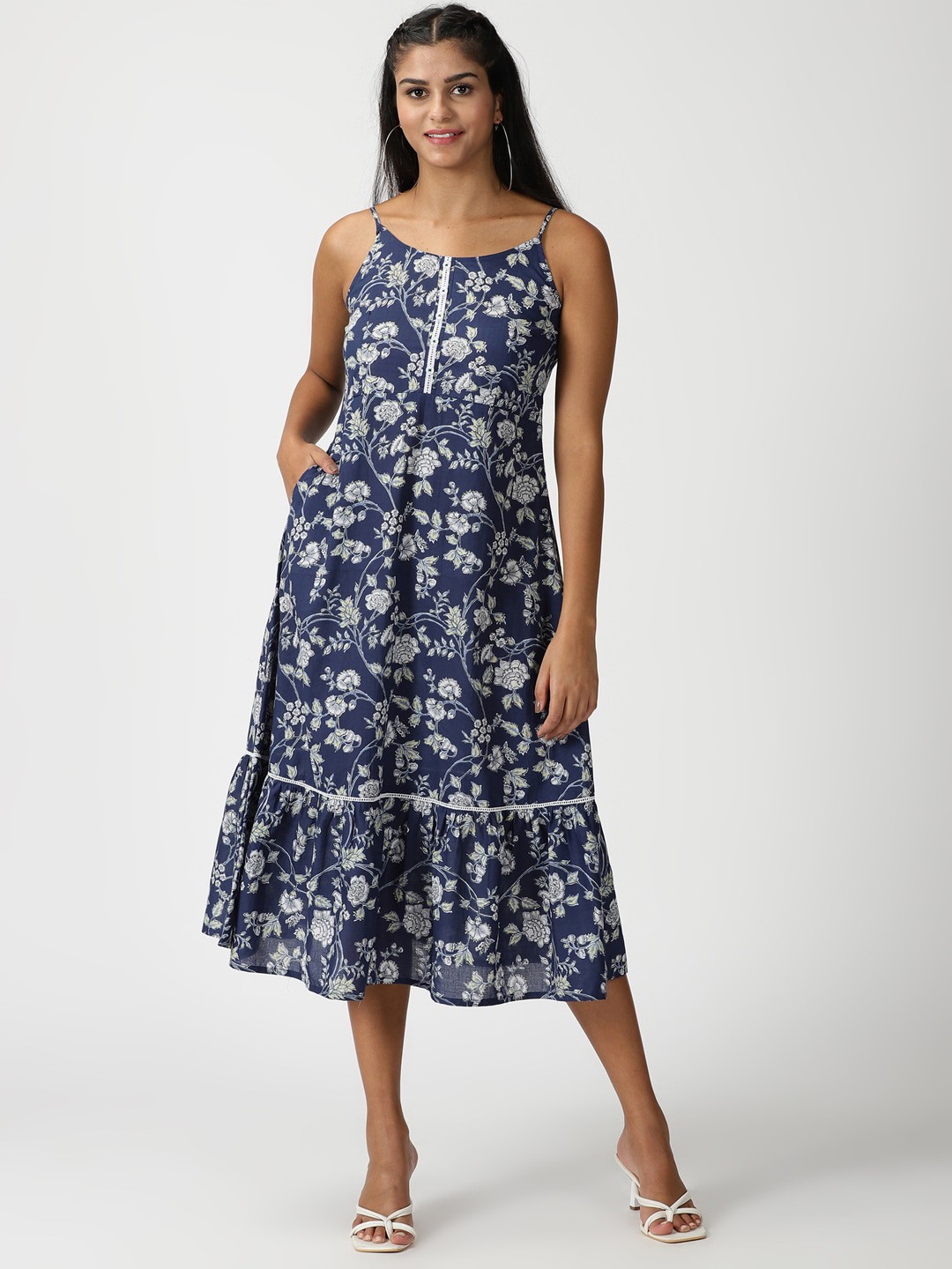 

Saffron Threads Floral Midi Pure Cotton Dress, Navy blue