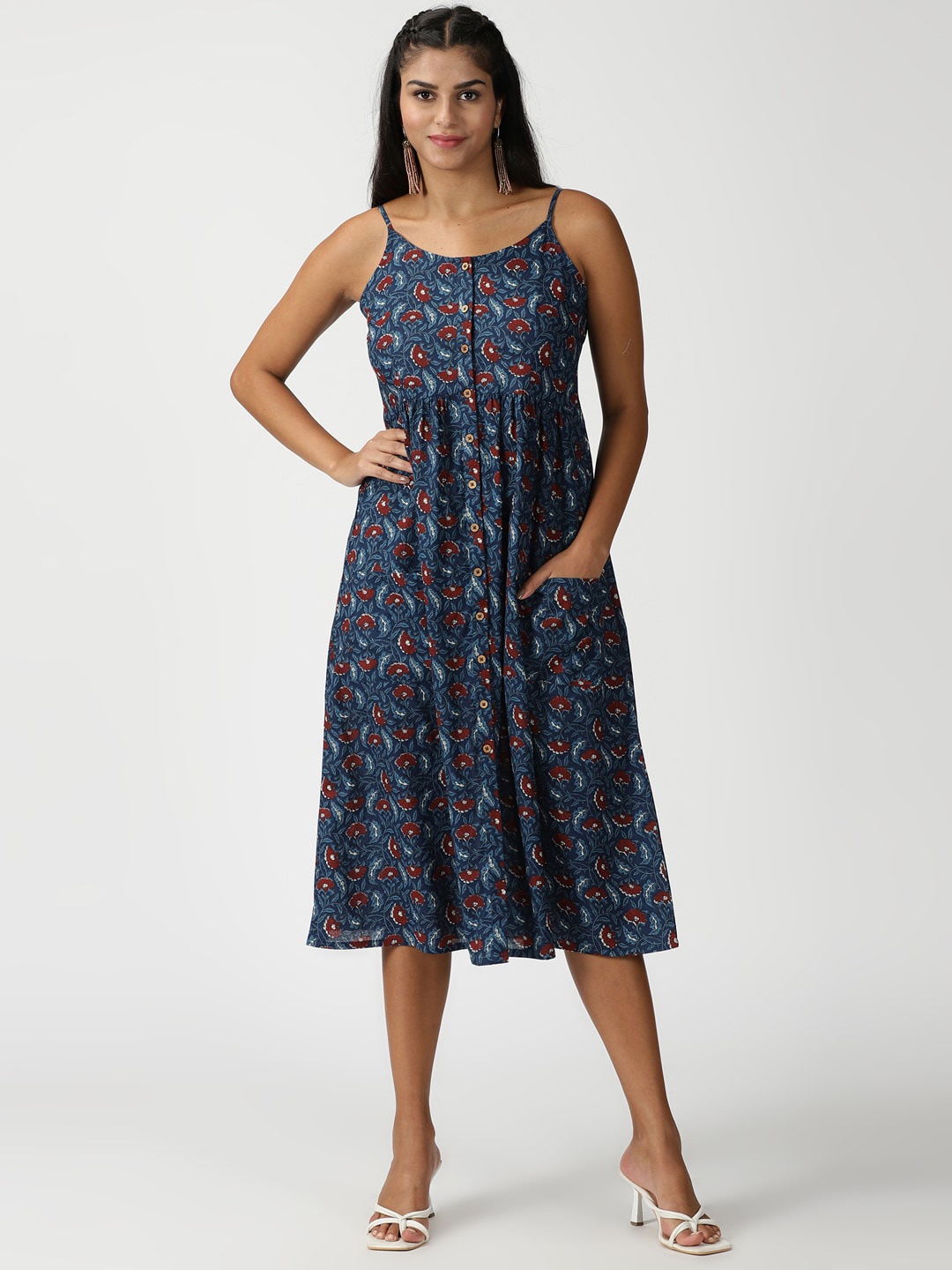 

Saffron Threads Floral Midi Pure Cotton Dress, Blue