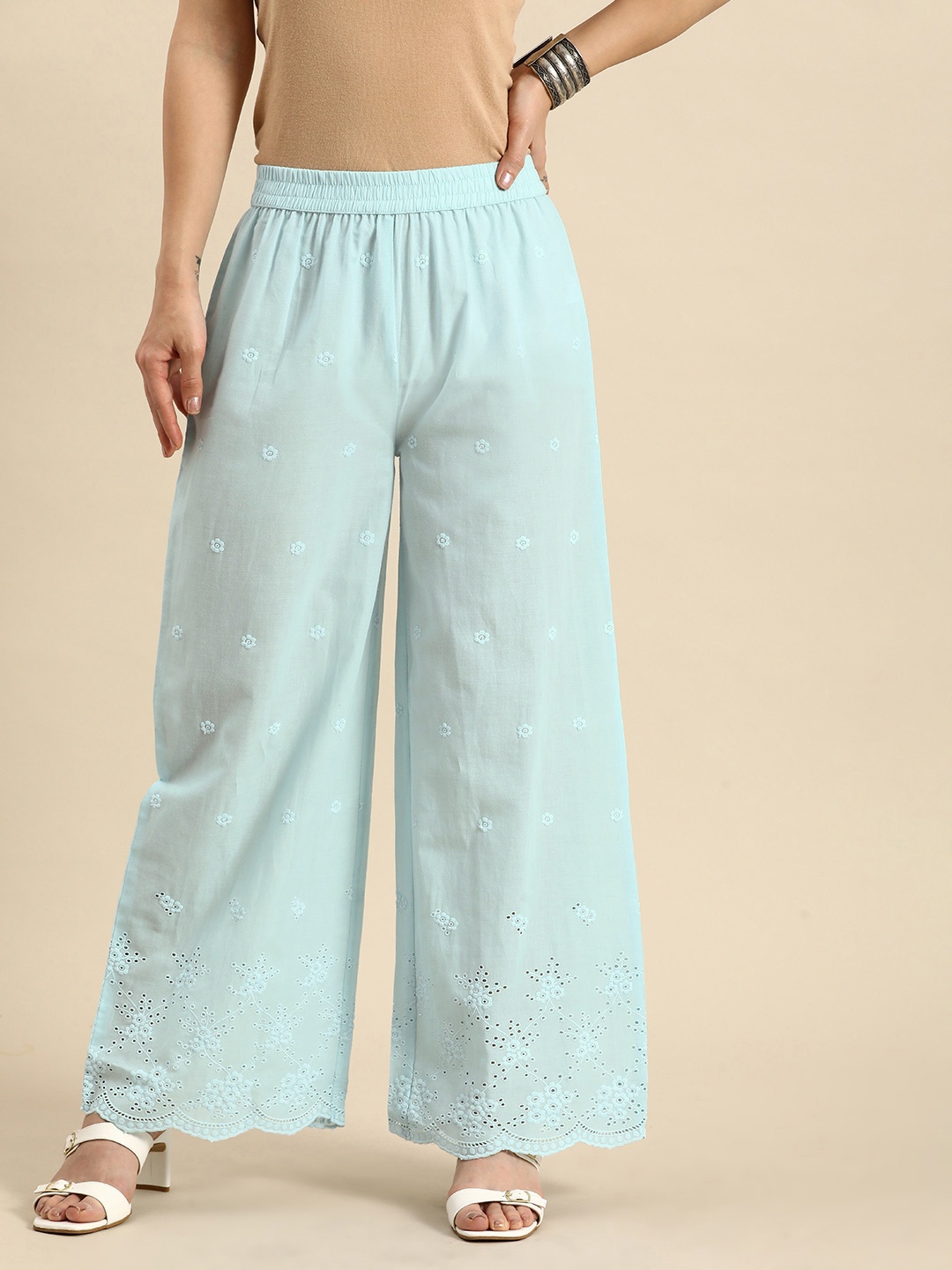 

Sangria Women Floral Embroidered Schiffli Pure Cotton Ethnic Palazzos, Blue