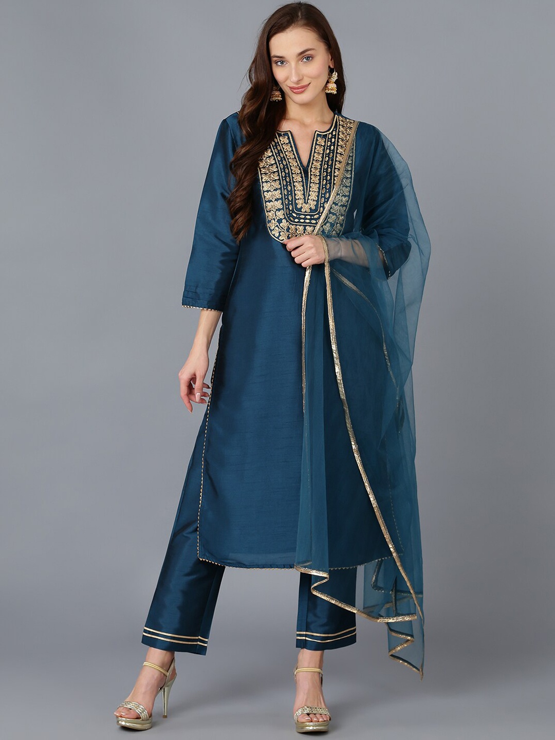 

AHIKA Floral Embroidered Thread Work Kurta with Trousers & Dupatta, Teal
