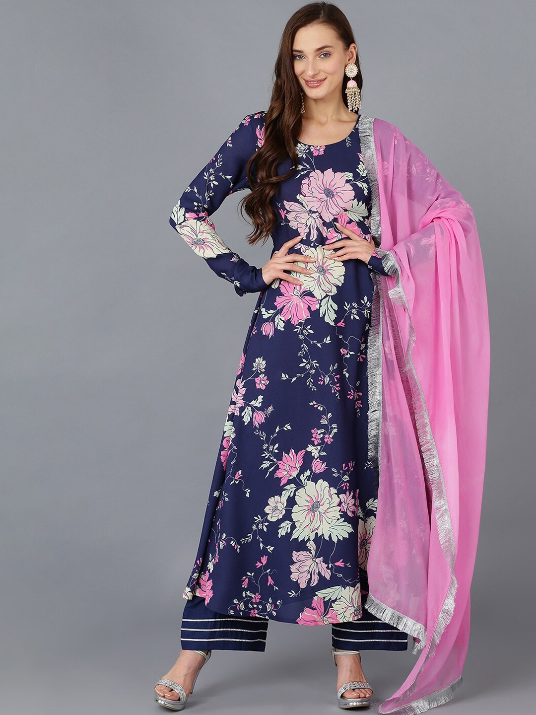 

AHIKA Floral Printed Empire Kurta with Trousers & Dupatta, Blue