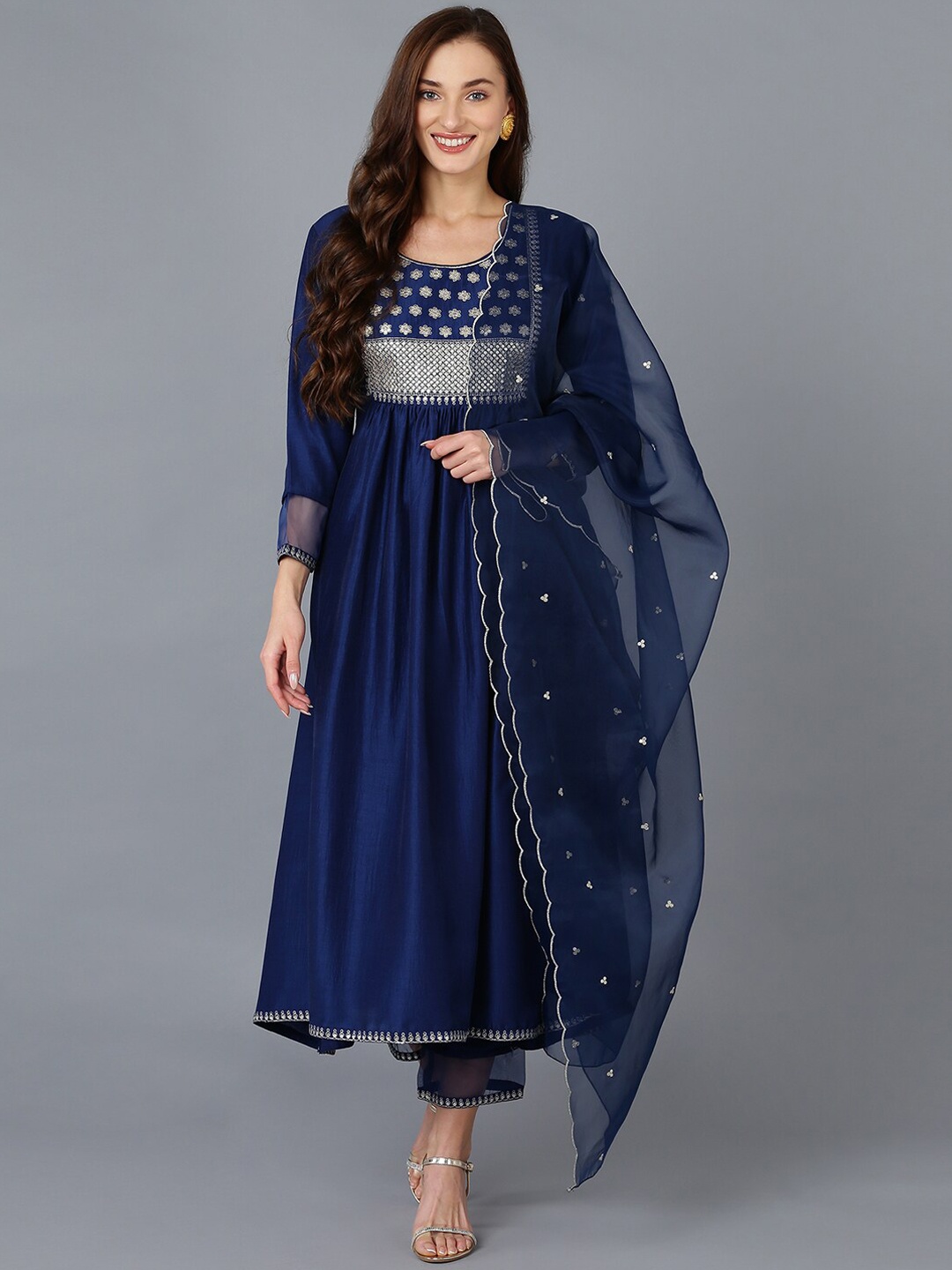 

AHIKA Women Floral Yoke Design Sequinned Kurta With Trousers & Dupatta, Navy blue