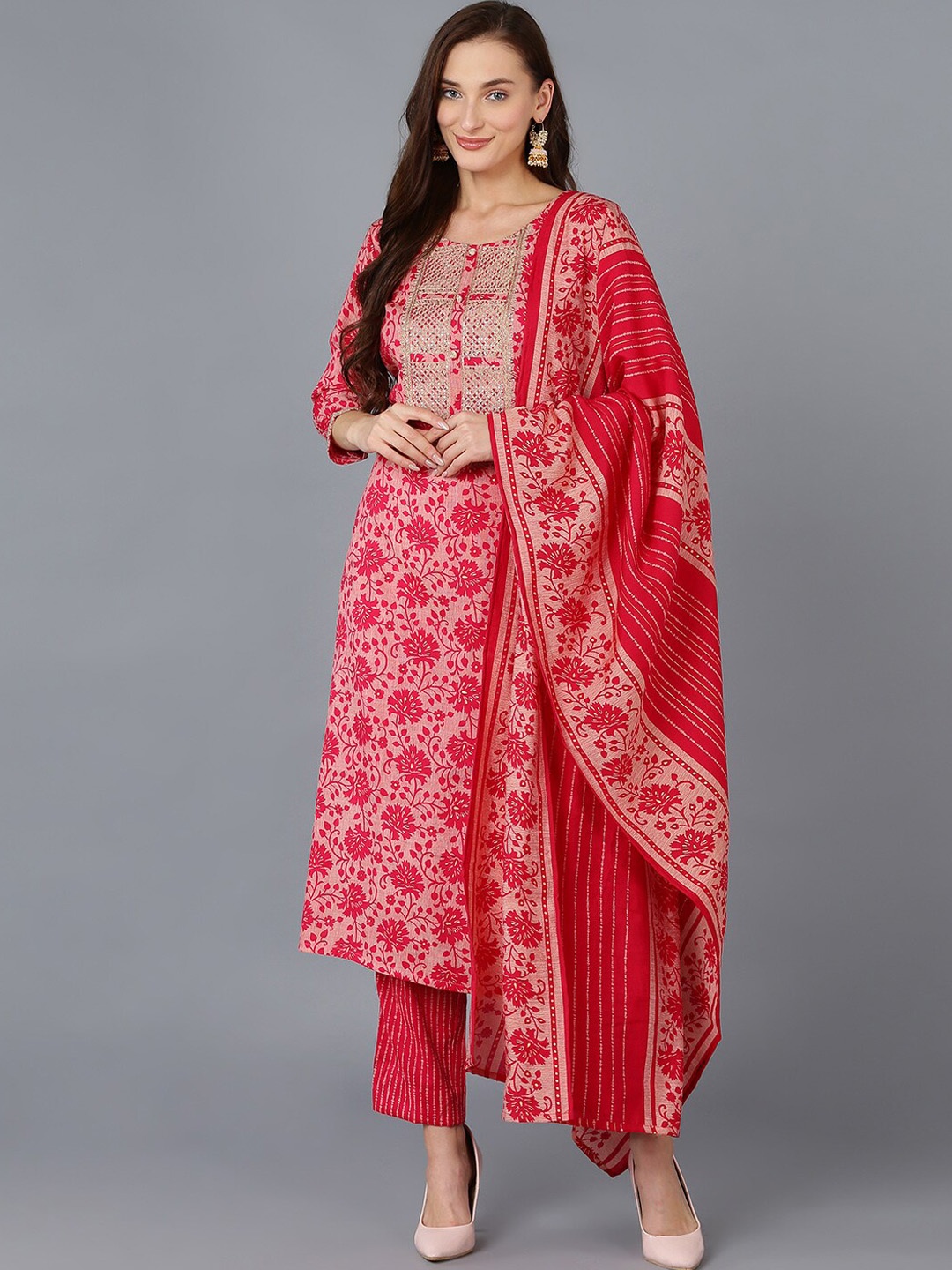 

AHIKA Women Floral Printed Kurta With Trousers & Dupatta, Pink
