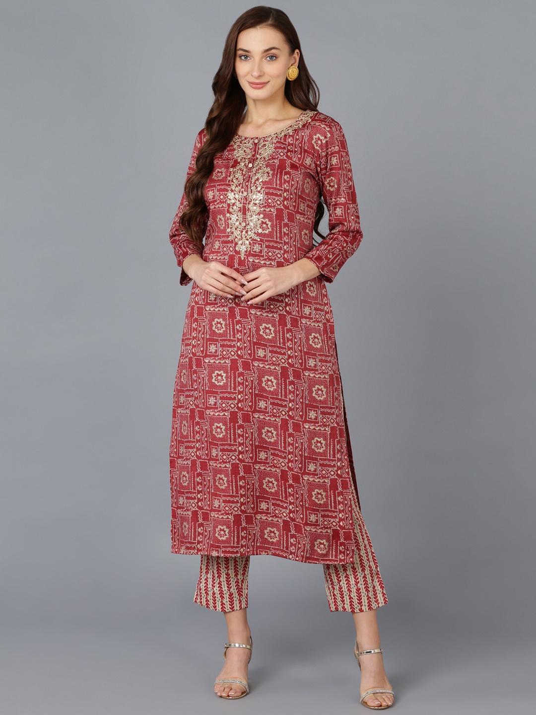 

AHIKA Ethnic Motifs Printed Kurta, Maroon