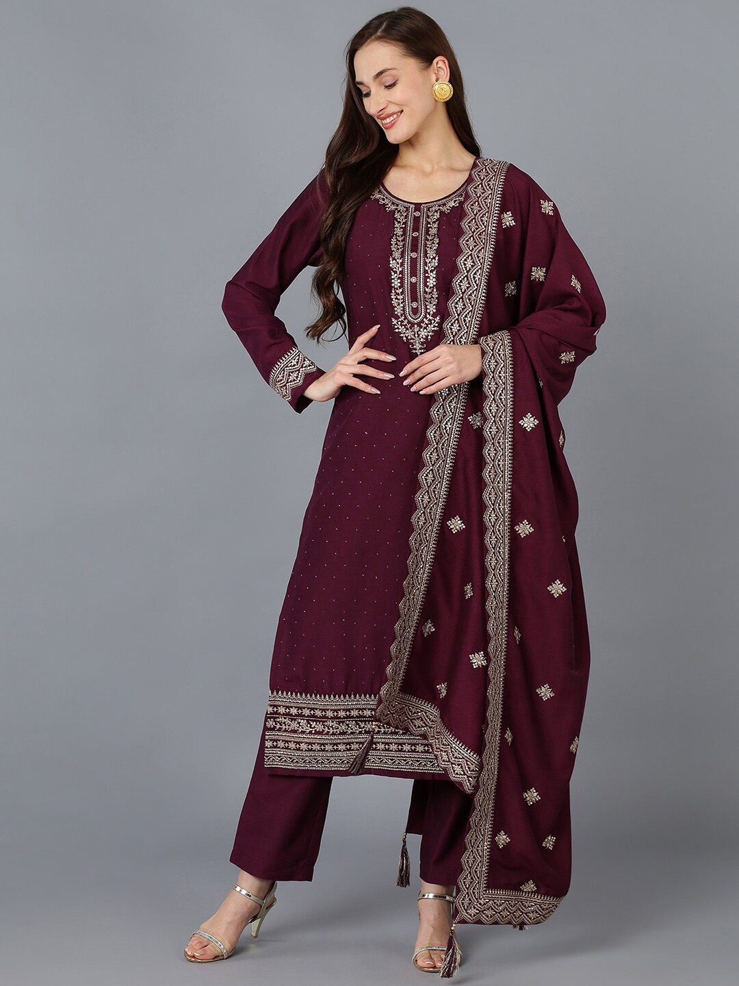 

AHIKA Women Floral Embroidered Sequinned Kurta With Trousers & Dupatta, Burgundy