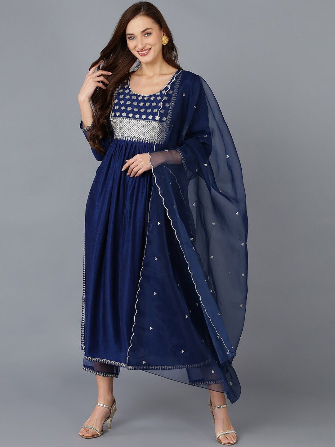 

AHIKA Women Floral Yoke Design Sequinned Kurta With Trousers & Dupatta, Navy blue