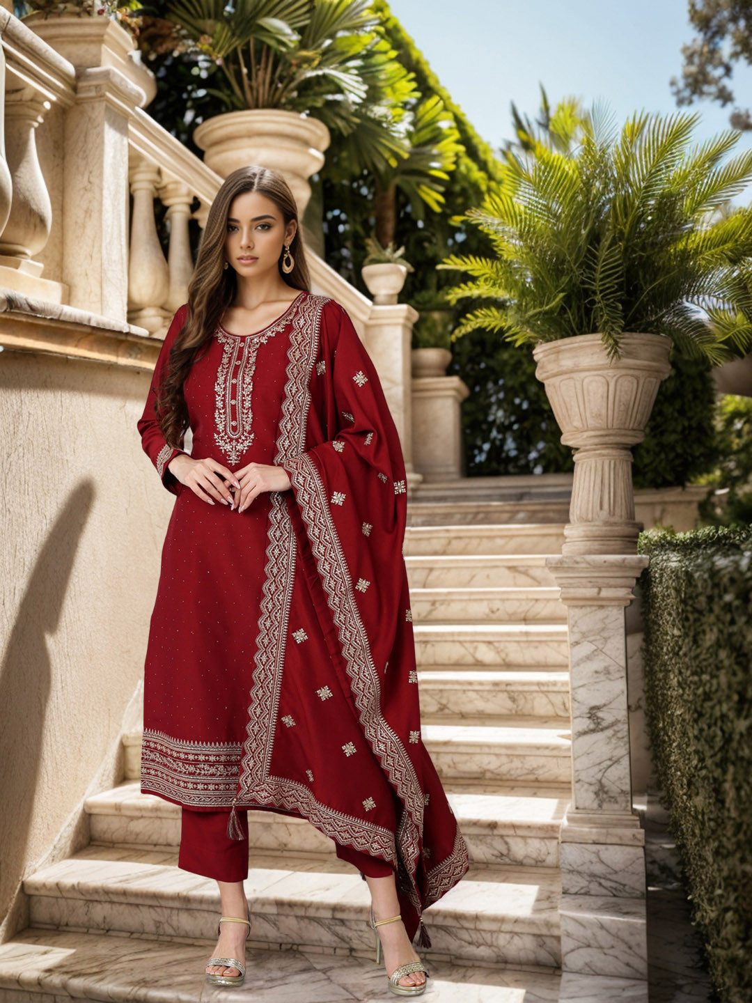 

AHIKA Women Yoke Design Round Neck Sequinned Kurta with Trousers & Dupatta, Maroon
