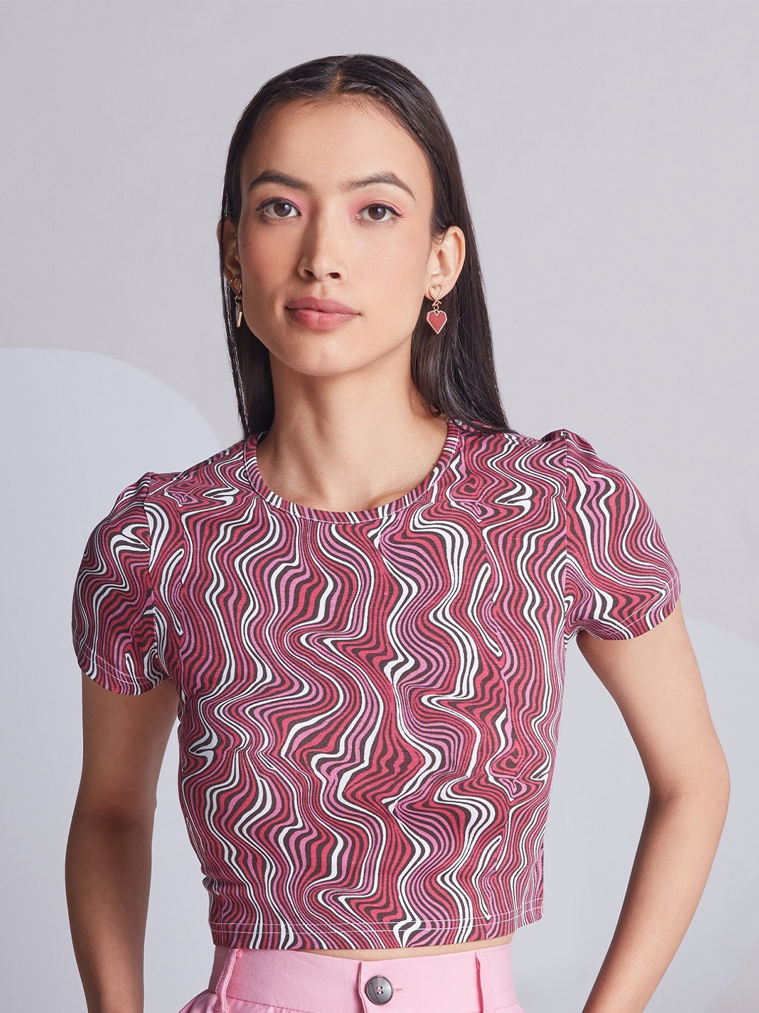 

20Dresses Women Printed Round Neck Crop Top, Pink