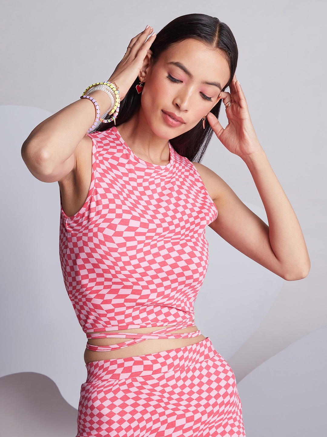 

20Dresses Geometric Printed Tie Up Crop Top, Pink