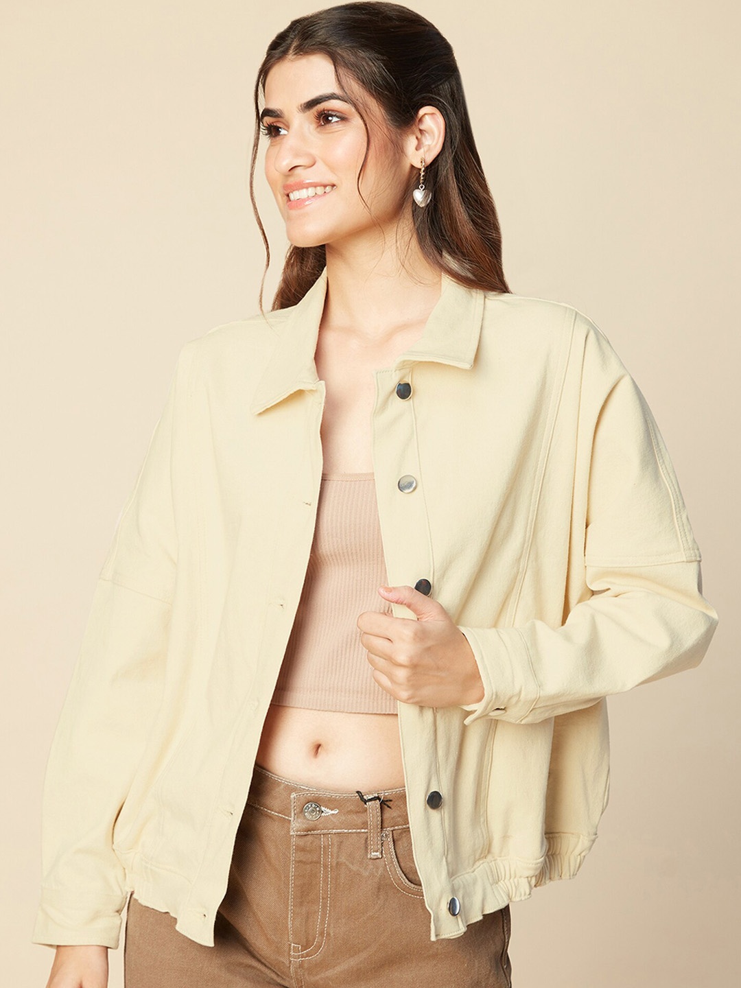 

20Dresses Women Cotton Spread Collar Oversized Denim Jacket, Yellow