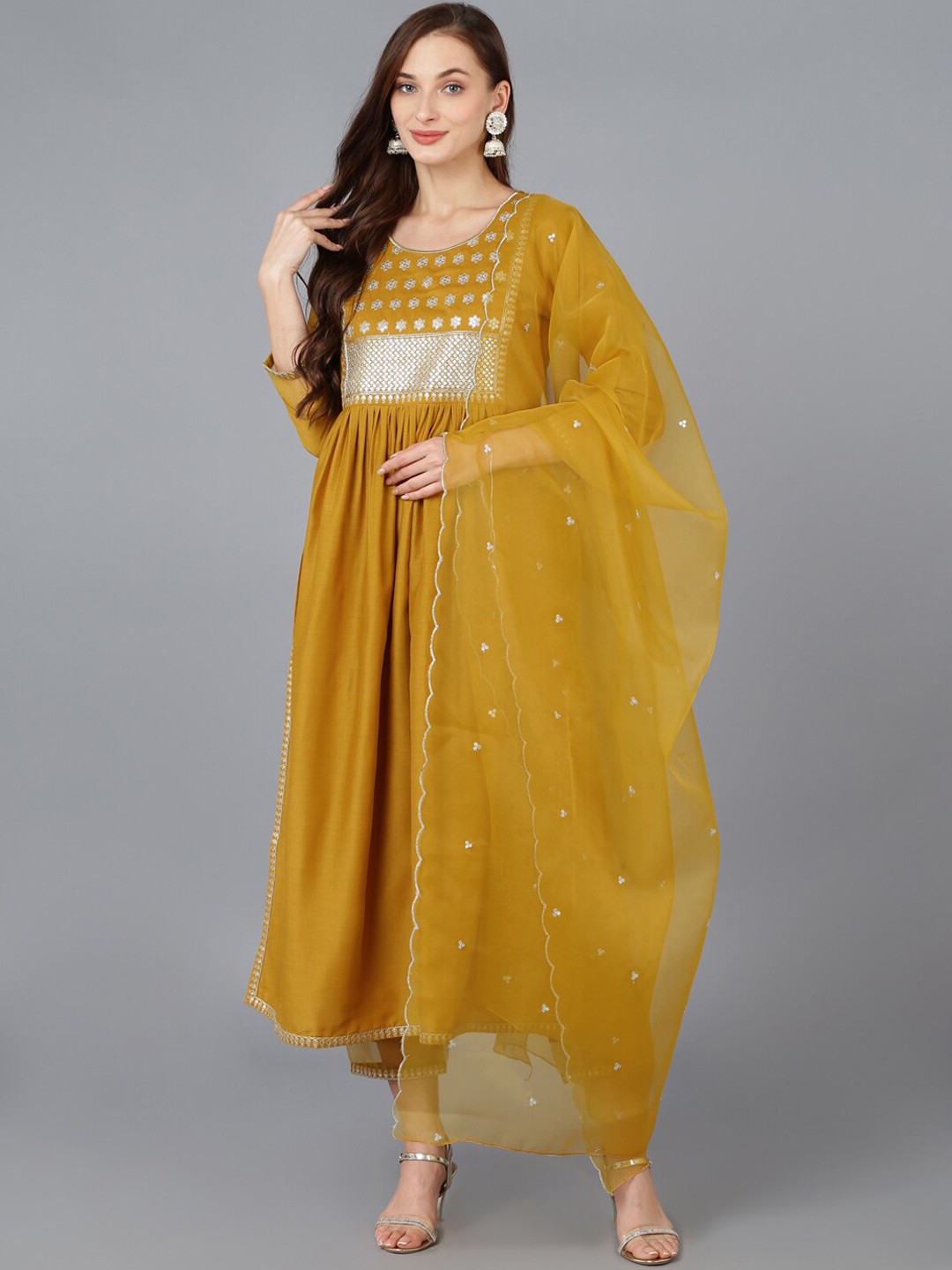 

AHIKA Women Embroidered Round Neck Sequinned Kurta with Trousers & Dupatta, Mustard