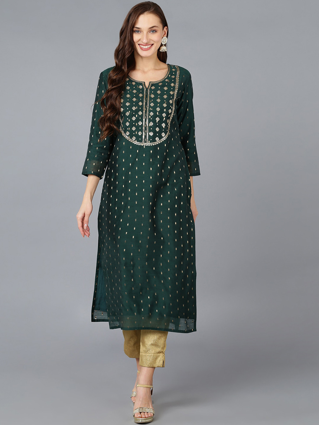 

AHIKA Ethnic Motifs Sequined Embroidered Chanderi Silk Kurta, Green
