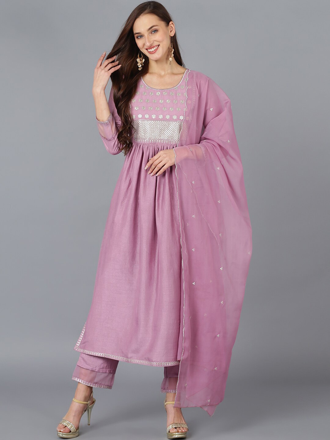 

AHIKA Embroidered Sequinned Kurta with Trousers & Dupatta, Lavender