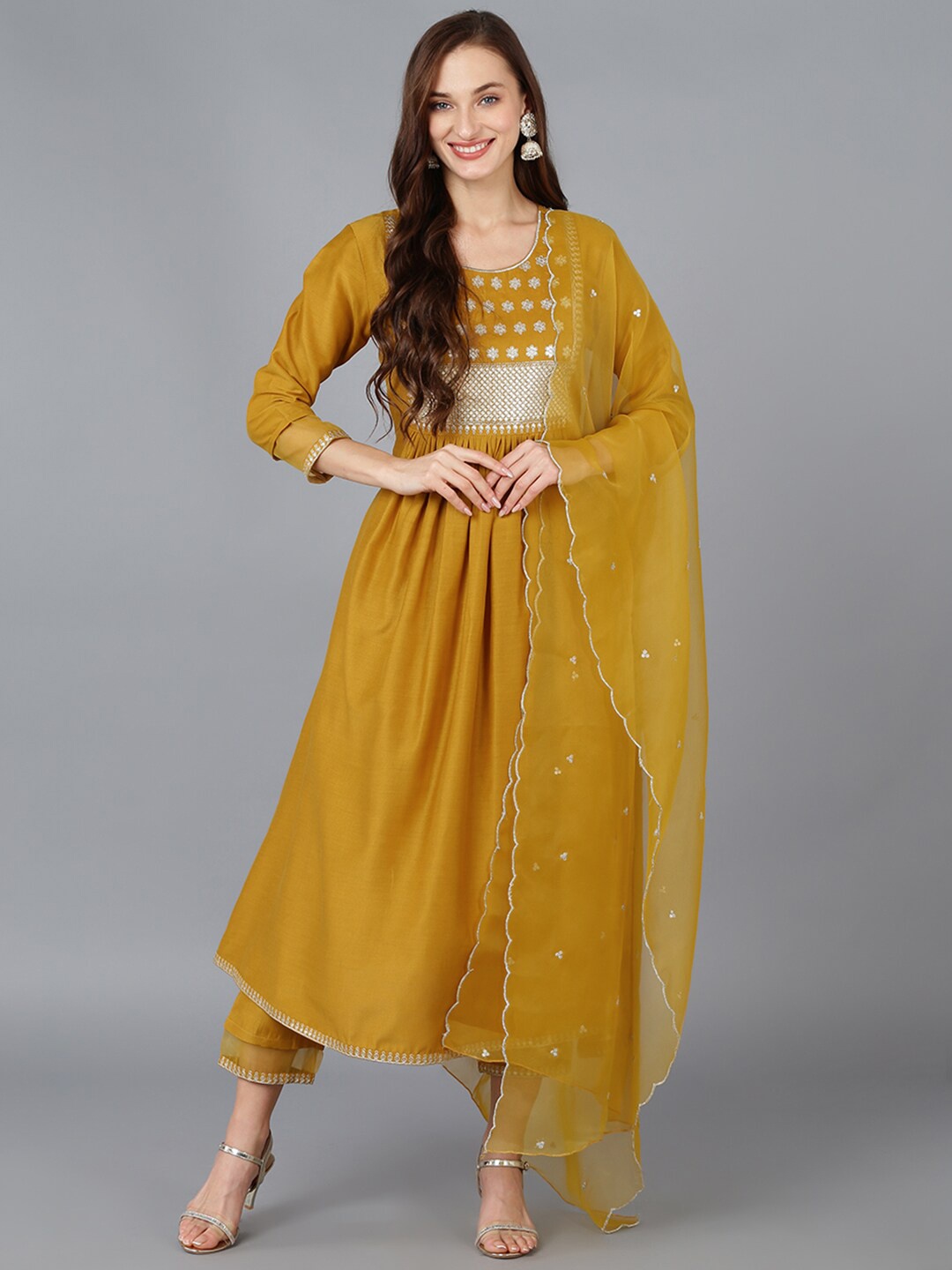 

AHIKA Women Pleated Sequinned Kurta with Trousers & With Dupatta, Mustard