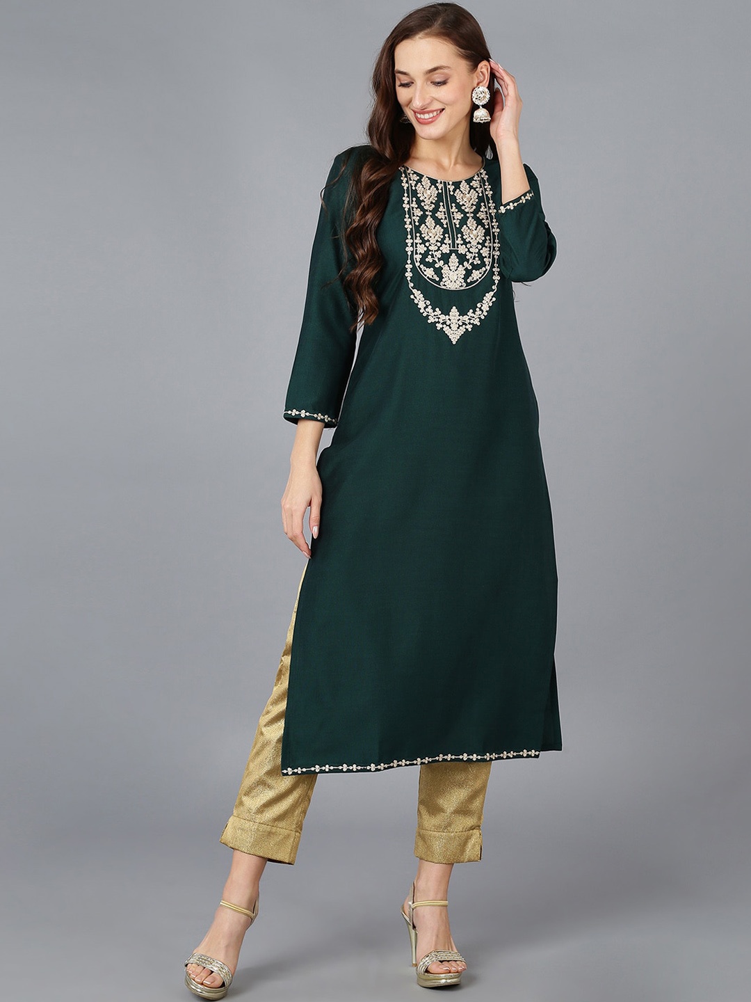 

AHIKA Women Floral Yoke Design Thread Work Kurta, Green