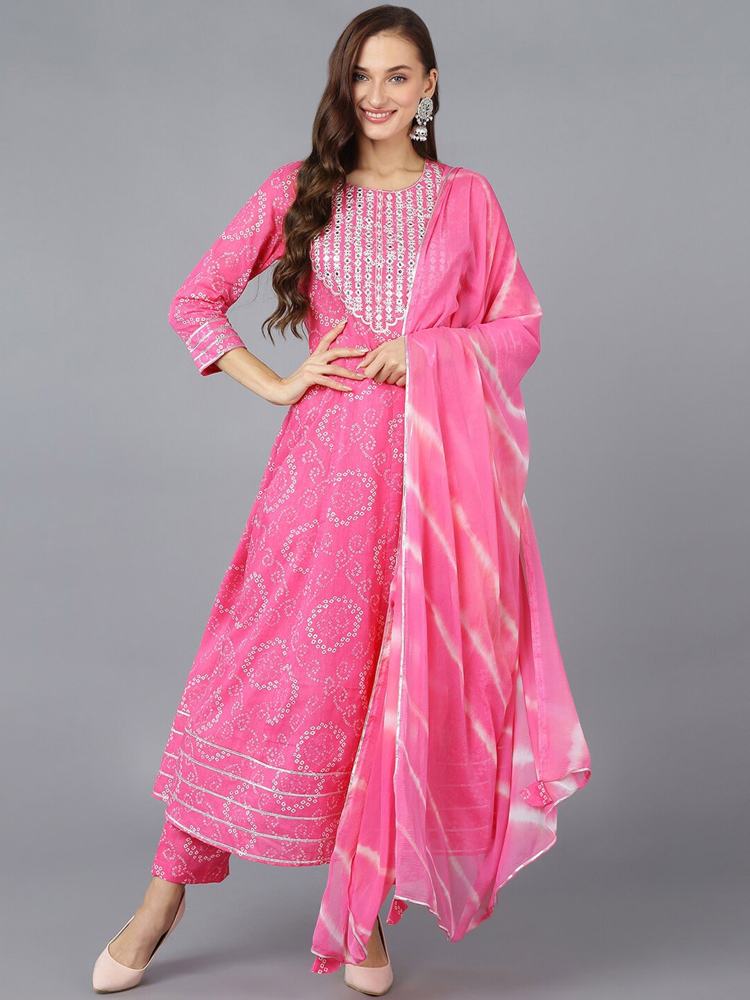 

AHIKA Bandhani Printed Mirror Work Pure Cotton Kurta with Trousers & With Dupatta, Pink