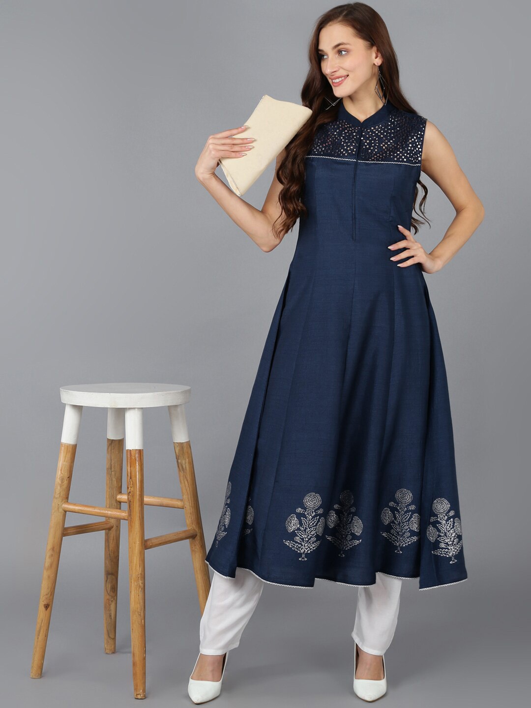 

AHIKA Women Floral Yoke Design Thread Work Anarkali Kurta, Navy blue