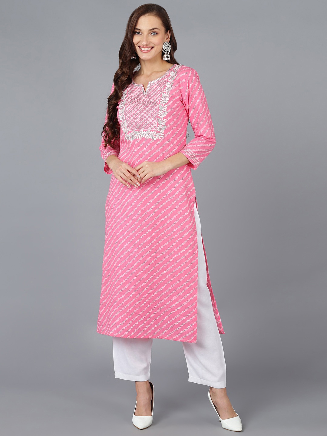 

AHIKA Women Notch Neck Printed Thread Work Cotton Kurta, Pink