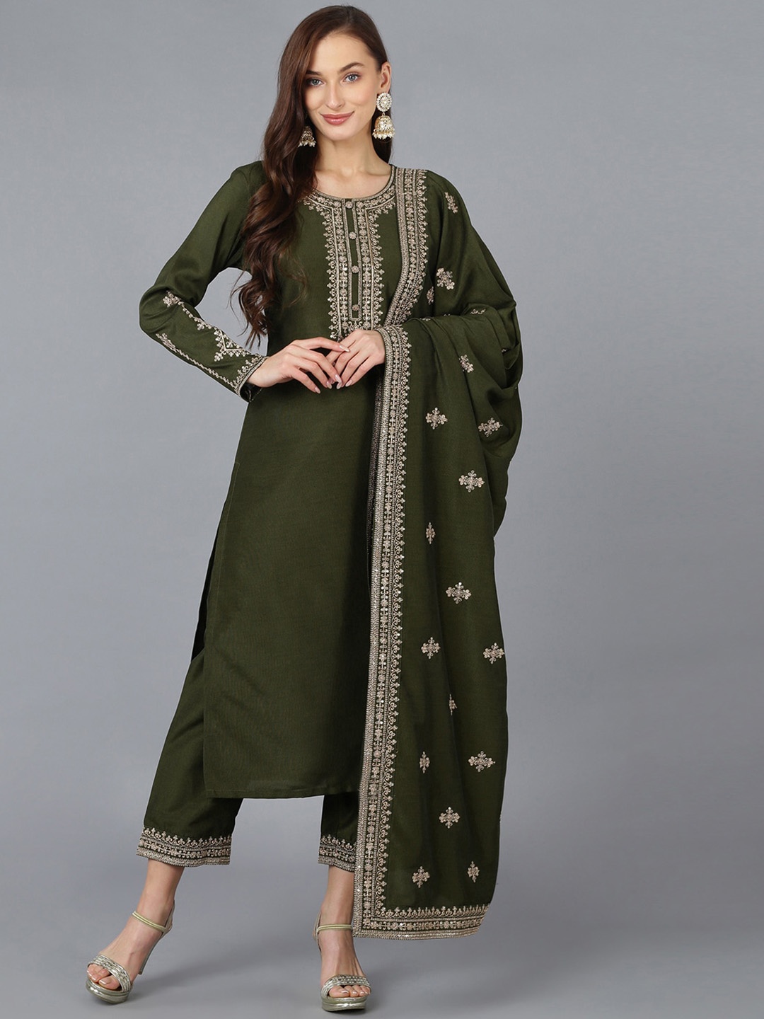 

AHIKA Ethnic Motifs Yoke Design Thread Work Kurta with Trousers & Dupatta, Olive
