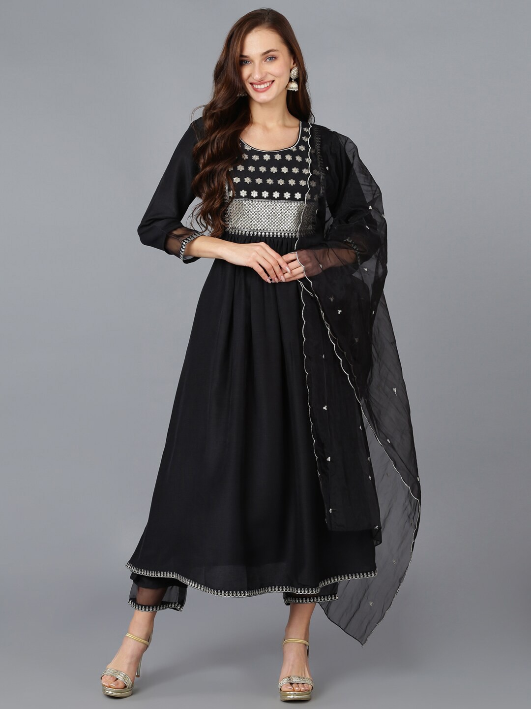 

AHIKA Women Pleated Sequinned Kurta with Trousers & With Dupatta, Black