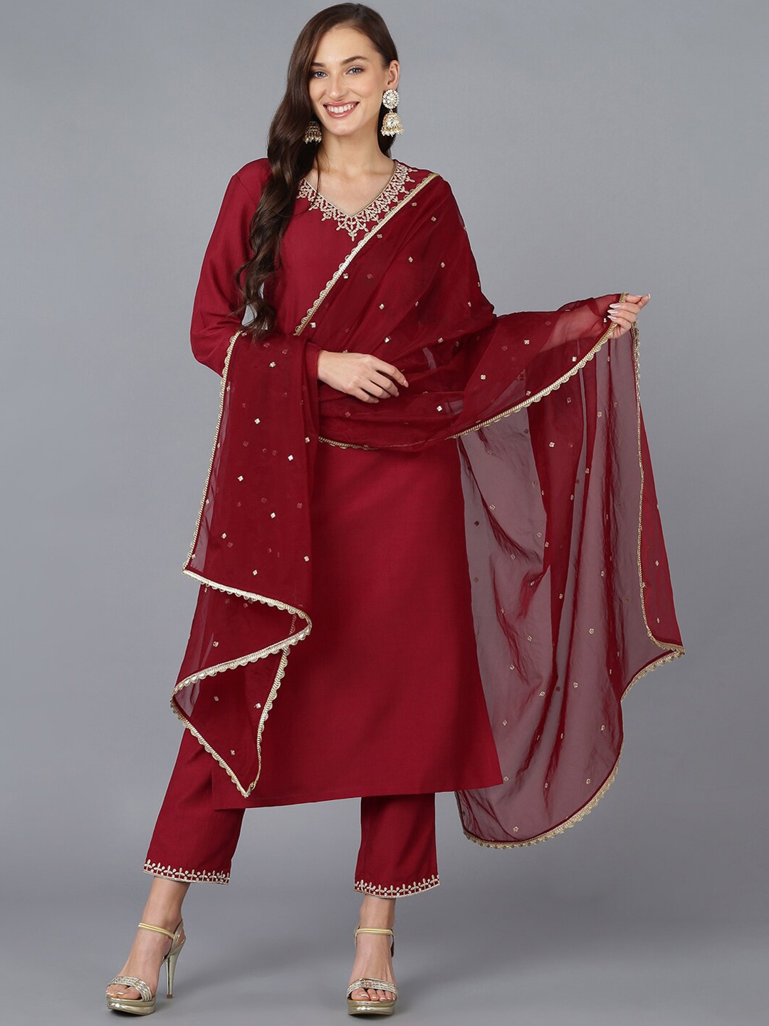 

AHIKA Women Embroidered V Neck Thread Work Kurta with Trousers & Dupatta, Maroon