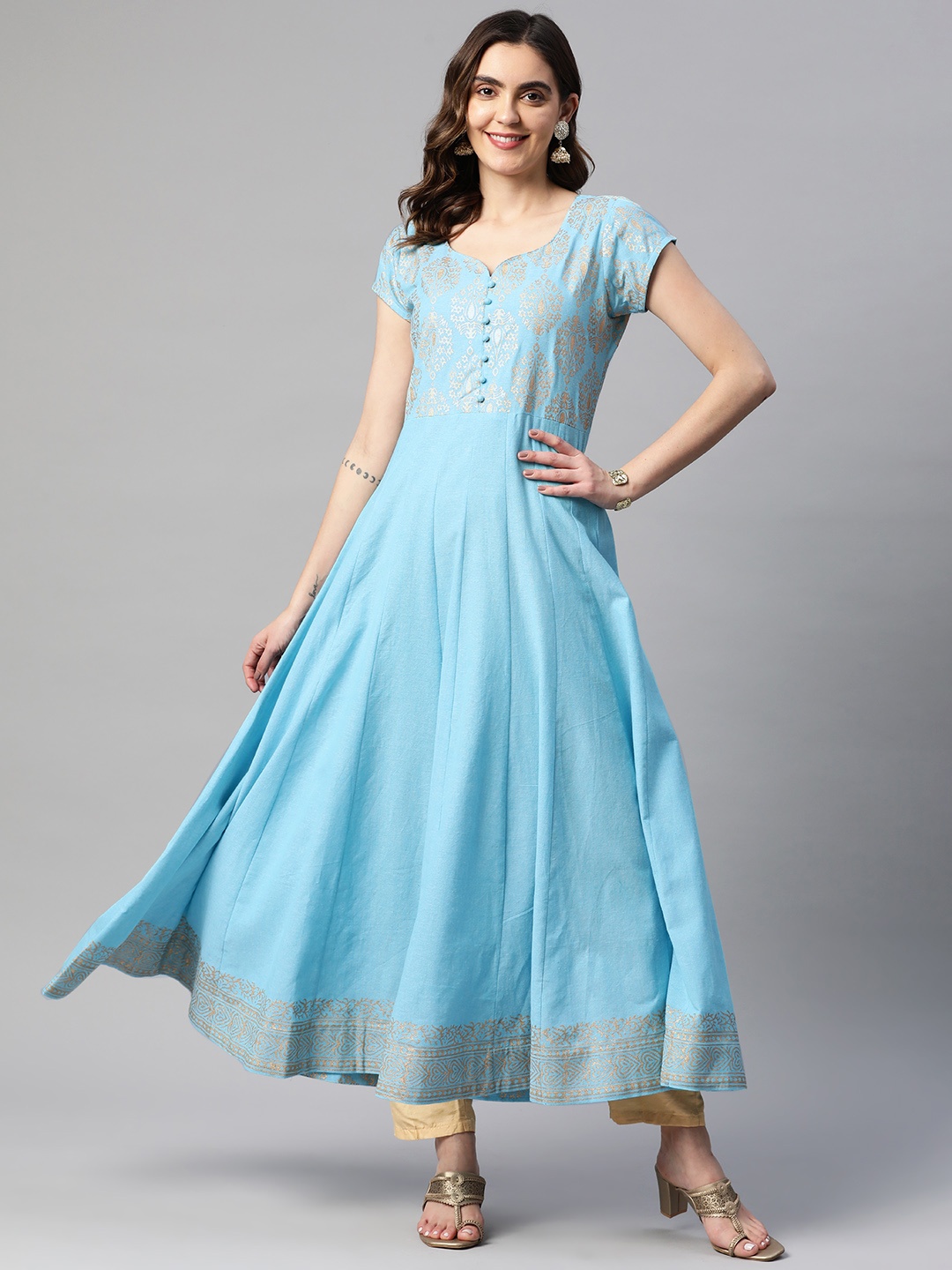 

MBE Women Ethnic Motifs Printed Sweetheart Neck Anarkali Kurta, Blue