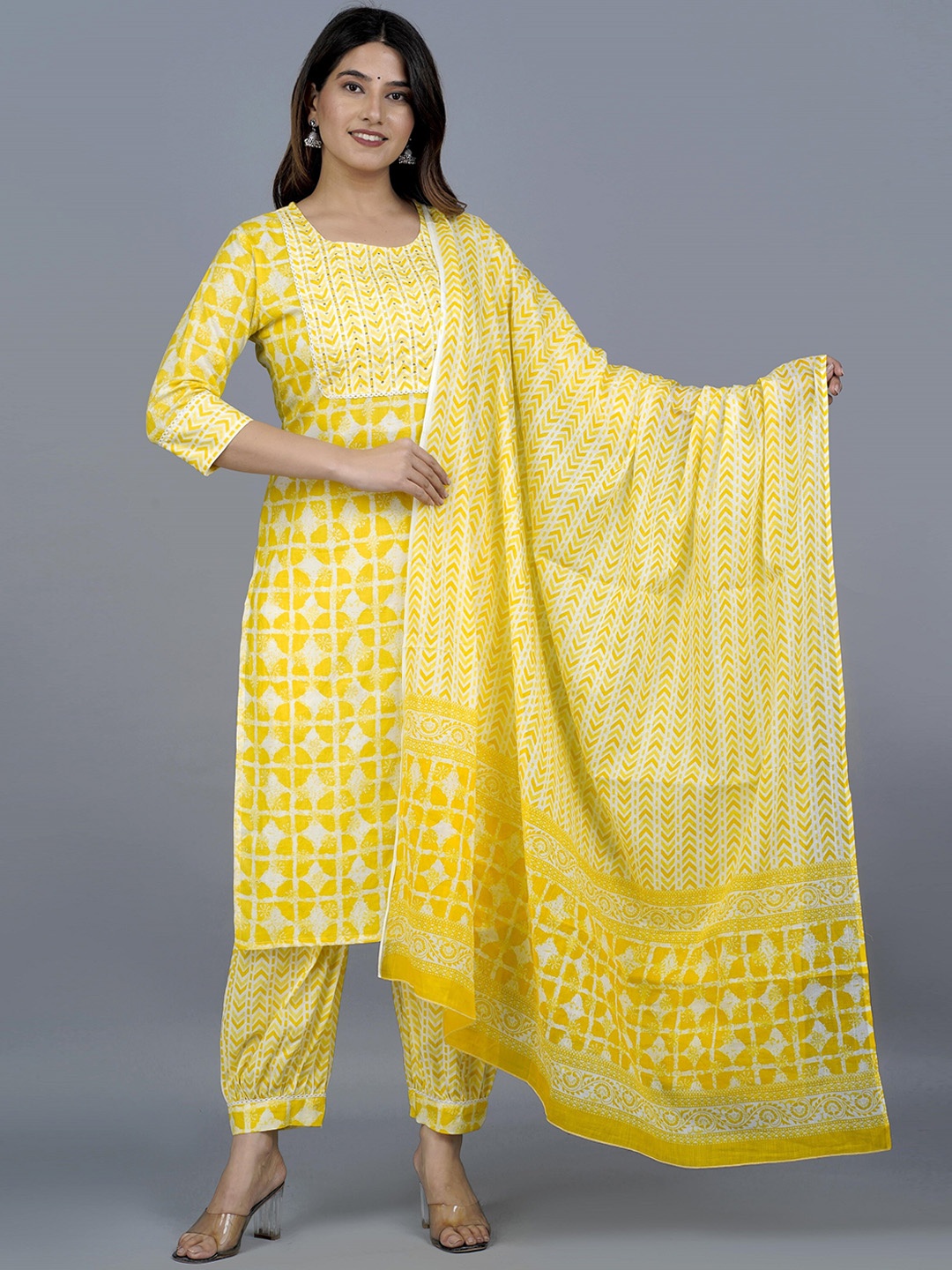 

KALINI Printed Sequinned Pure Cotton Kurta with Pyjamas & Dupatta, Yellow