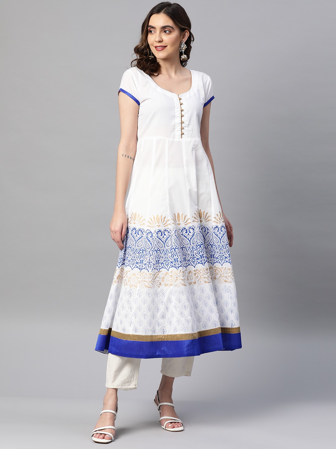 

MBE Women Floral Block Printed Anarkali Kurta, White