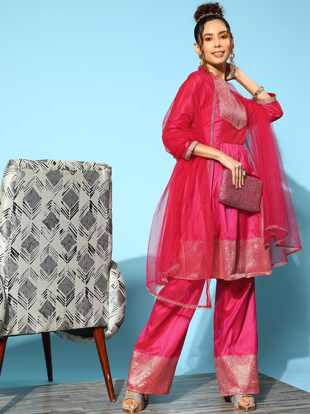 

Inddus Women Pleated Kurta with Trousers & With Dupatta, Magenta