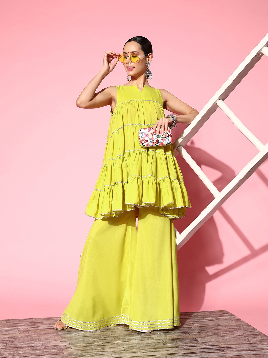 

Inddus Women Tiered Gotta Patti Kurta with Sharara, Lime green