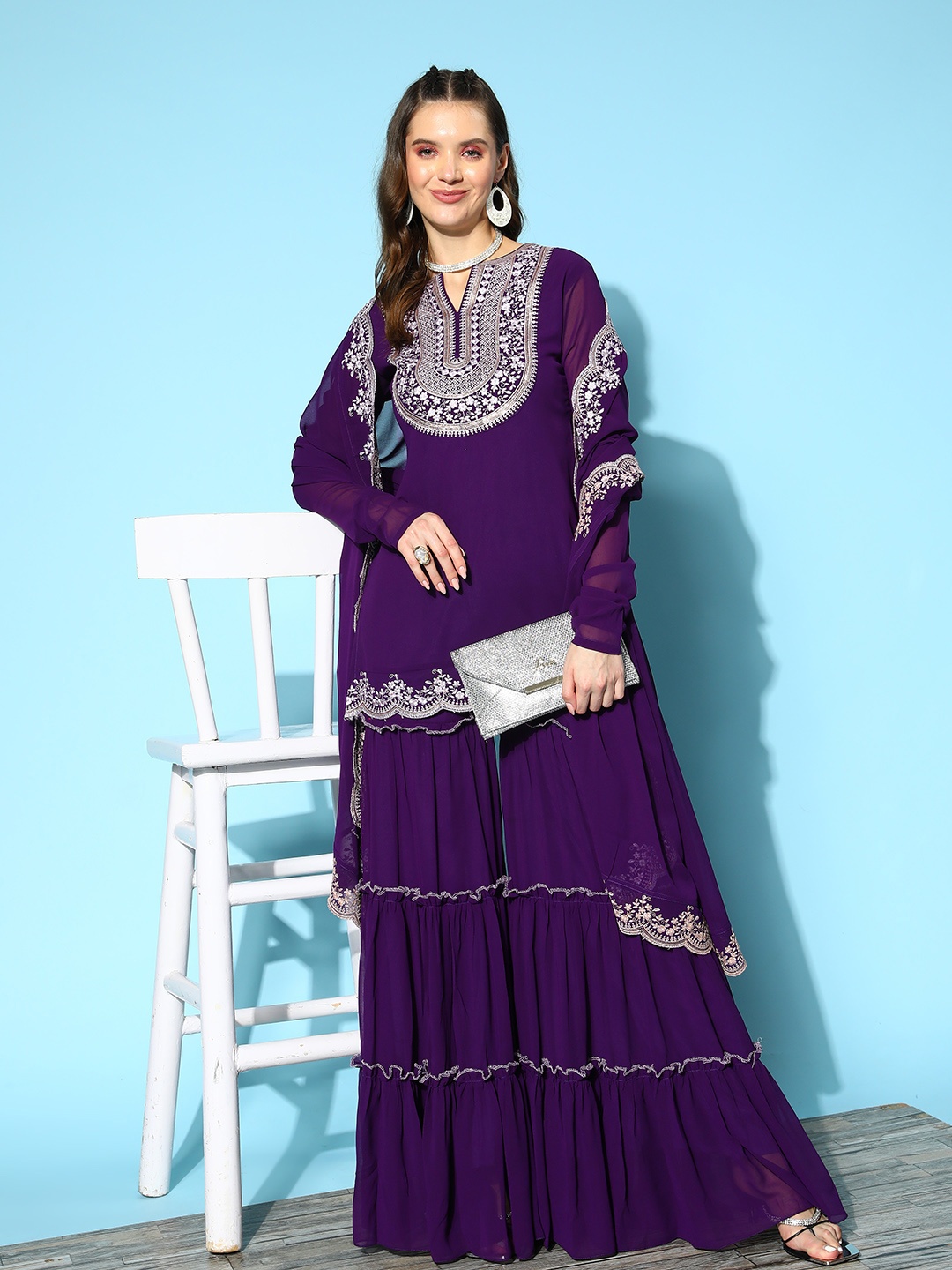 

Inddus Ethnic Motifs Embroidered Thread Work Kurti With Sharara & With Dupatta, Purple