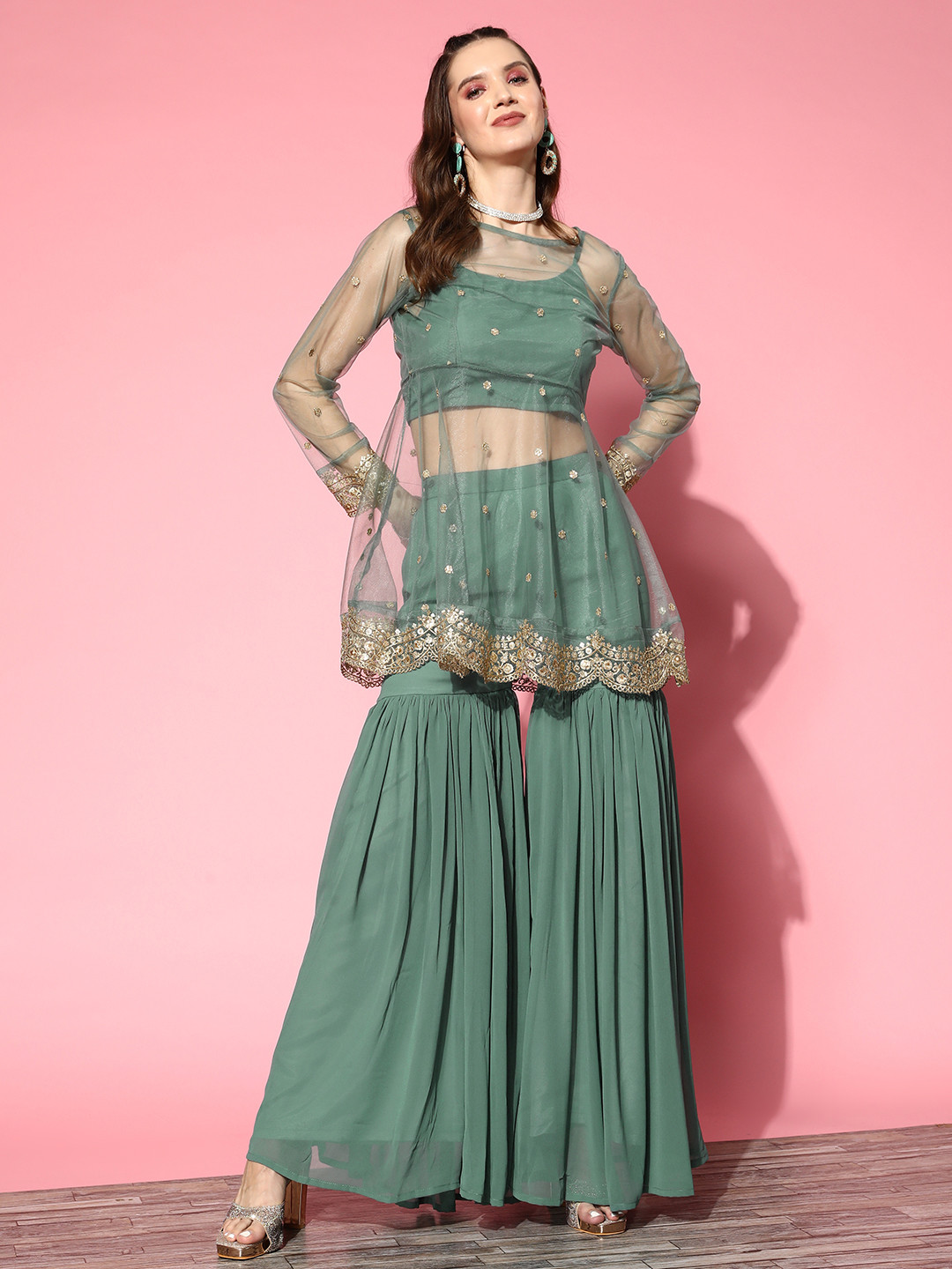 

Inddus Ethnic Motifs Embroidered Kurti With Sharara, Sea green
