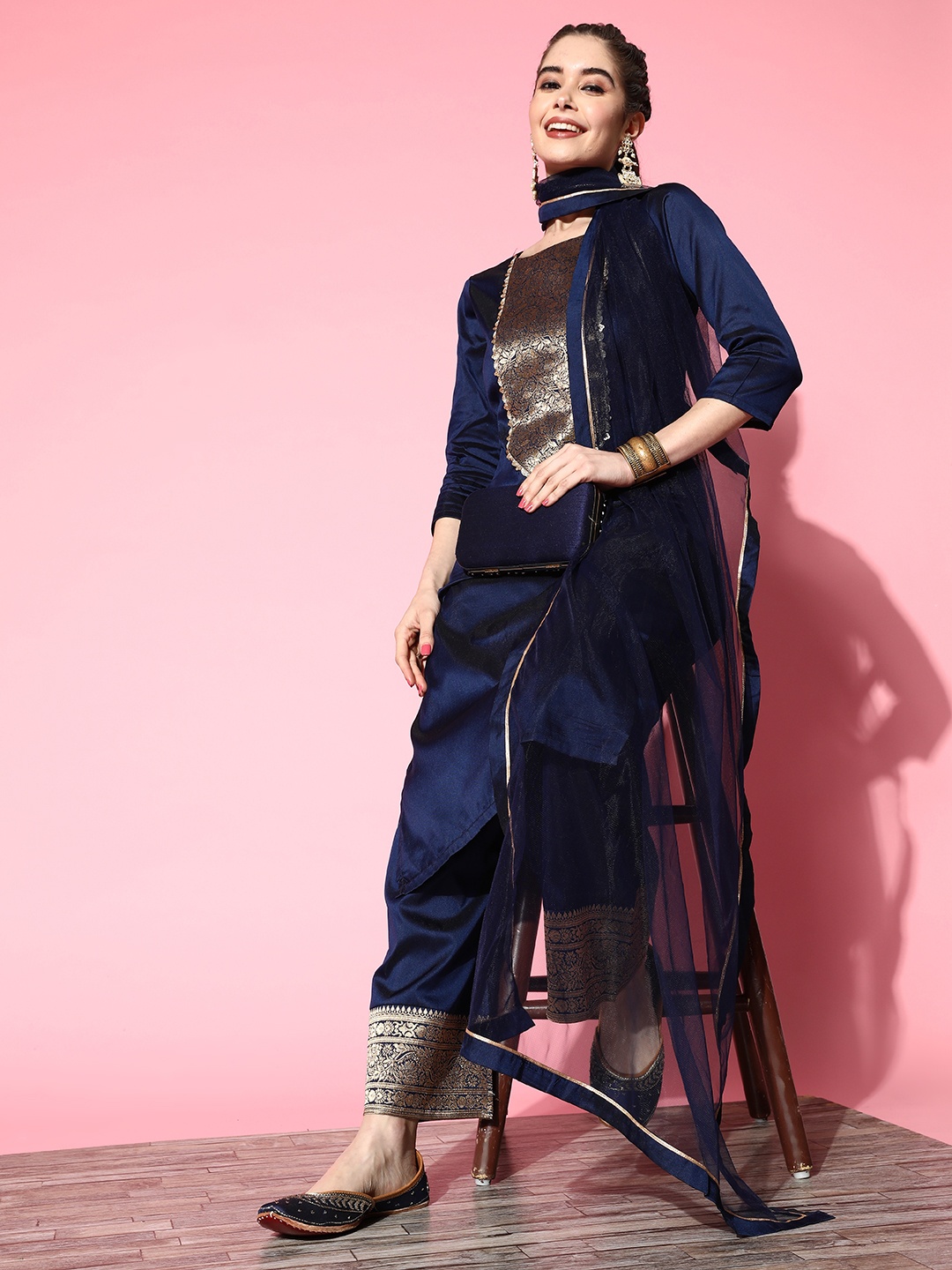 

Inddus Women Floral Yoke Design Kurta with Palazzos & With Dupatta, Navy blue