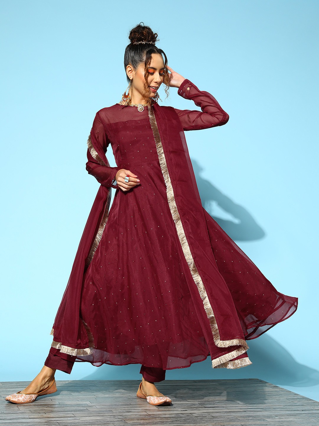 

Inddus Embroidered Beads & Stones Kurta With Trousers & With Dupatta, Maroon