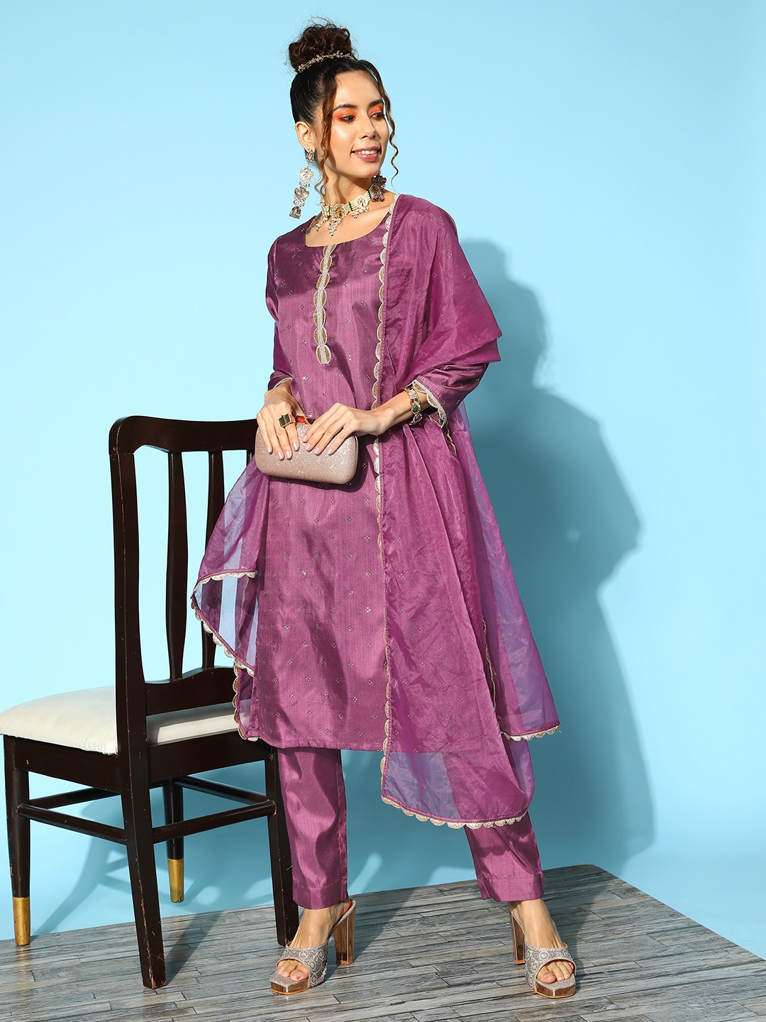 

Inddus Women Pink Ethnic Motifs Embroidered Sequinned Kurta With Trousers & Dupatta