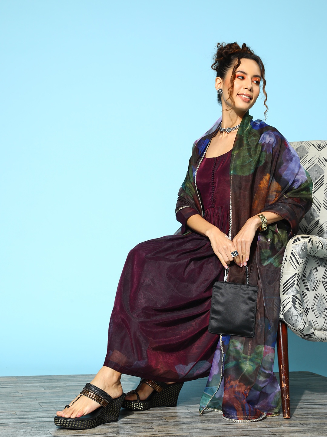 

Inddus Women Pleated Chanderi Cotton Kurta with Trousers & With Dupatta, Burgundy