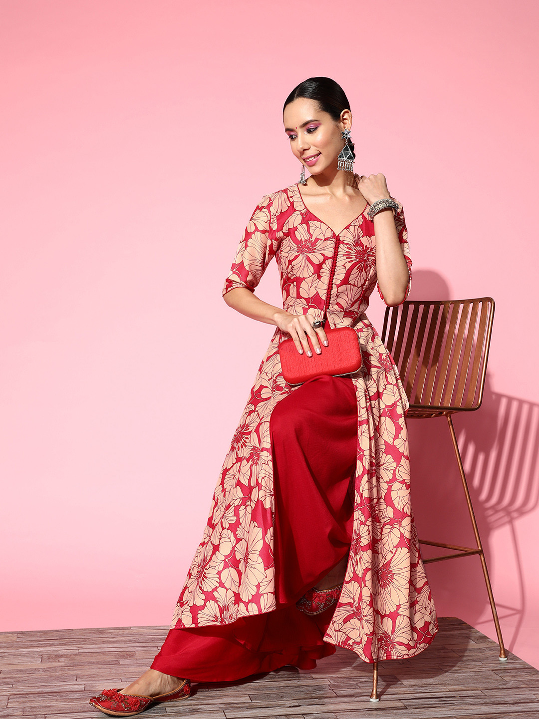 

Inddus Women Floral Printed High Slit Kurta with Palazzos, Red