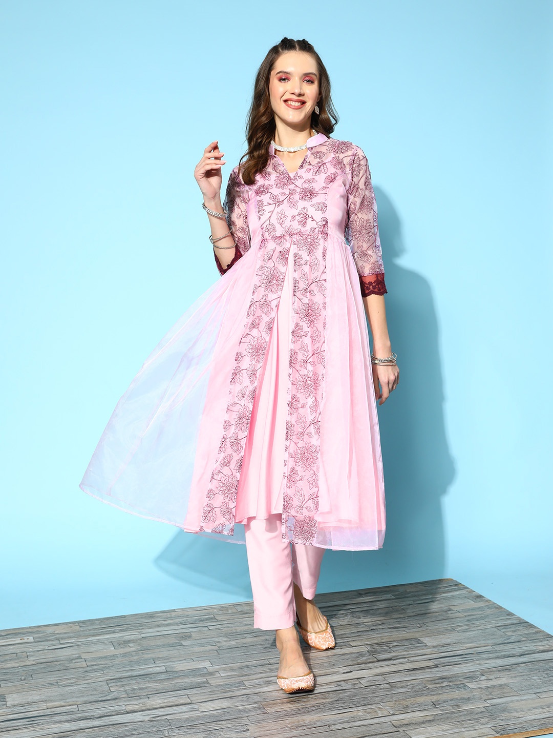 Inddus Women Floral Printed High Slit Kurta with Trousers, Pink