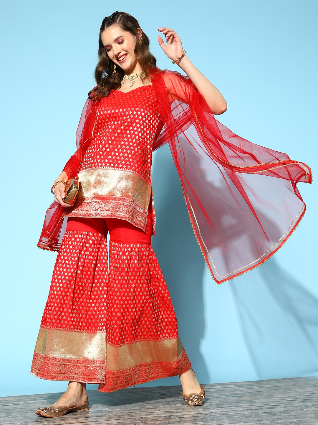 

Inddus Ethnic Motifs Straight Kurti With Sharara & With Dupatta, Red