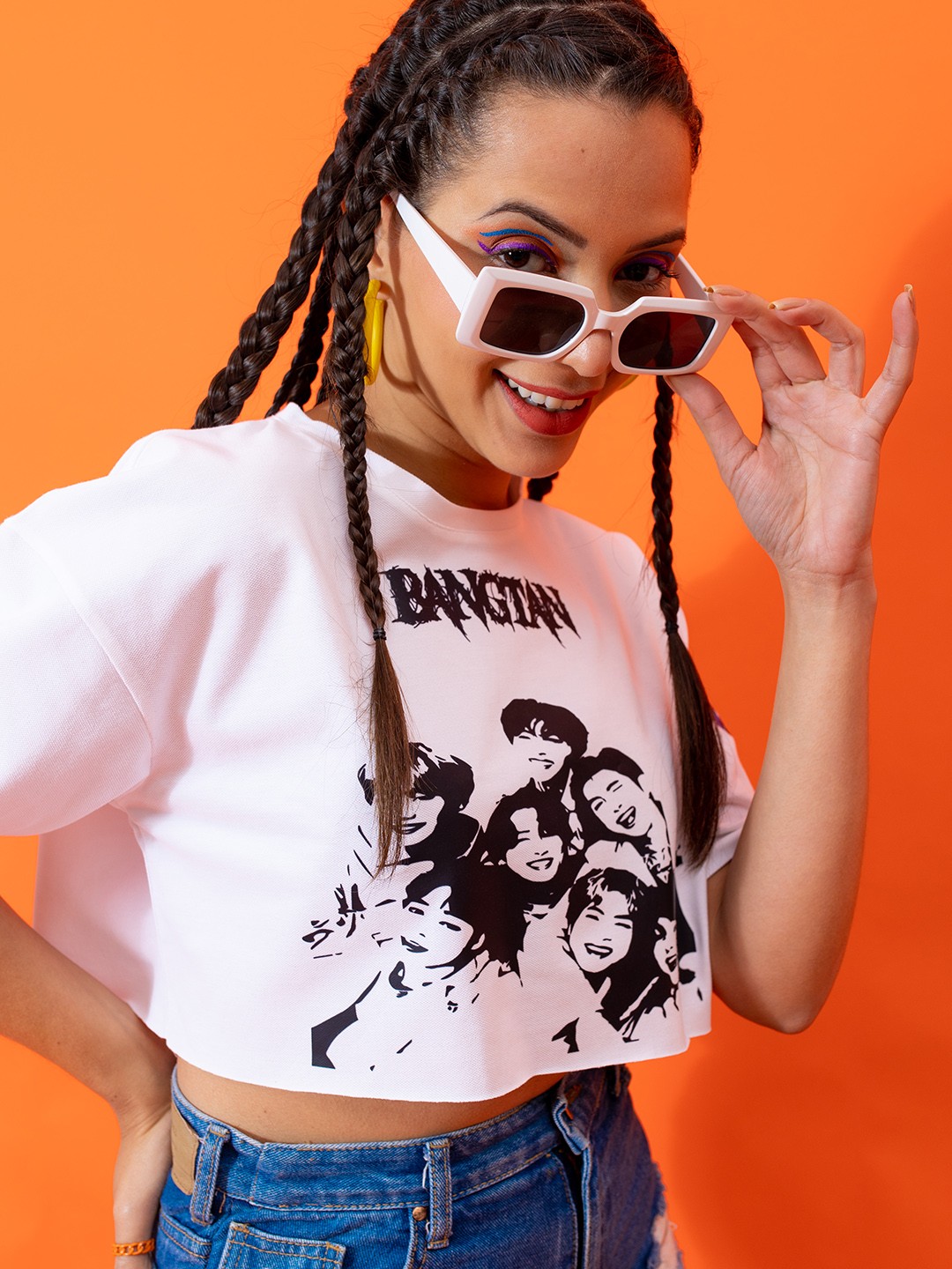 

Stylecast X Hersheinbox BTS Printed Drop-Shoulder Sleeves Pure Cotton Boxy Crop T-shirt, White