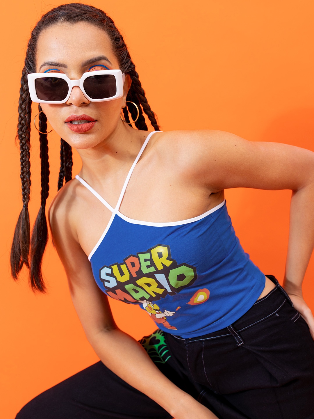 

Stylecast X Hersheinbox Halter Neck Super Mario Print Cotton Crop Top, Blue