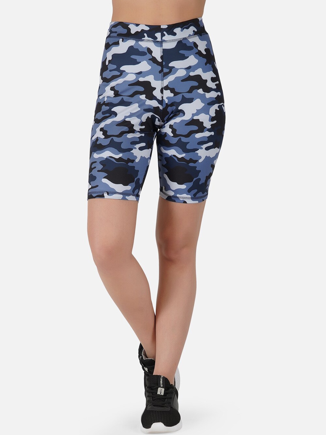 

IMPERATIVE Women Camouflage Printed Skinny Fit High-Rise Sports Shorts, Blue