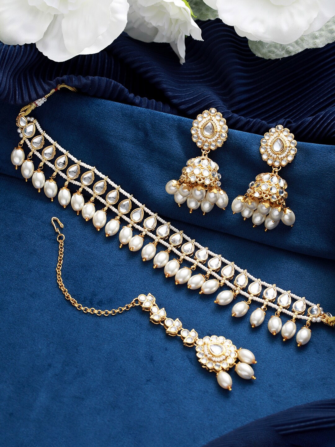 

Jazz and Sizzle Gold-Plated Kundan Stone-Studded & Pearl Beaded Choker Necklace Set, White