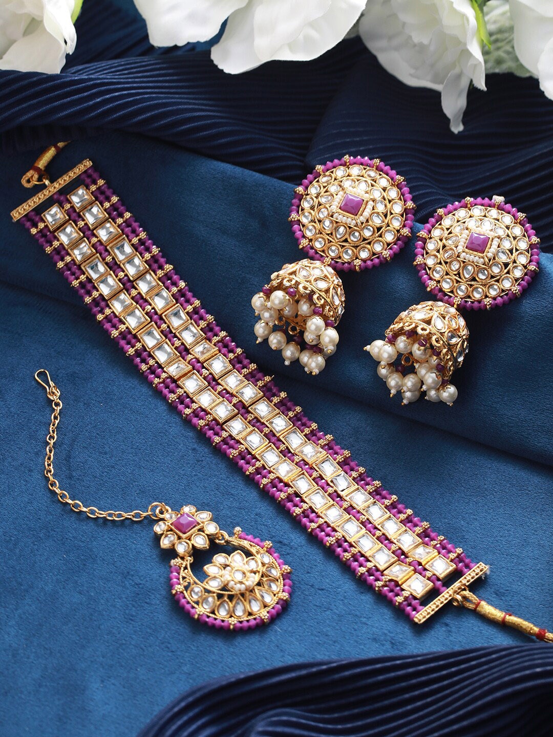

Jazz and Sizzle Gold-Plated Kundan-Studded & Pearl Beaded Choker Jewellery Set With Maangtikka
