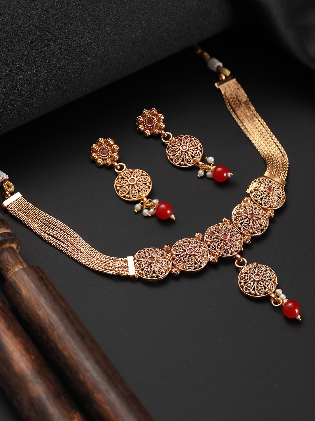 

Jazz and Sizzle 24K Gold-Plated Stone-Studded Jewellery Set, Red