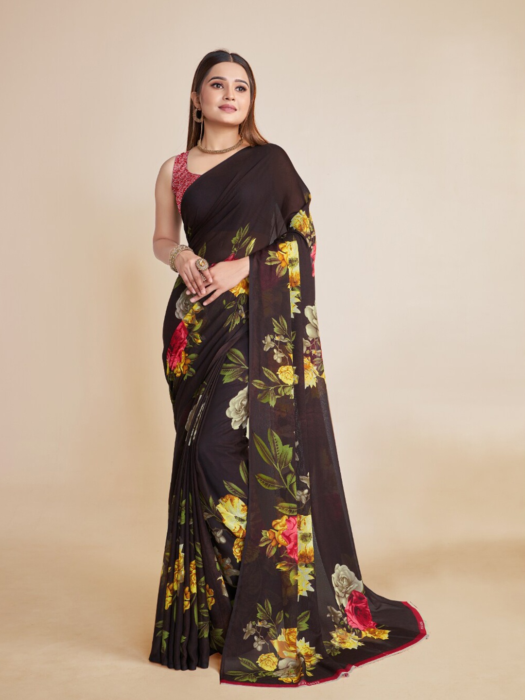 

Ambuja International Floral Printed Saree, Brown